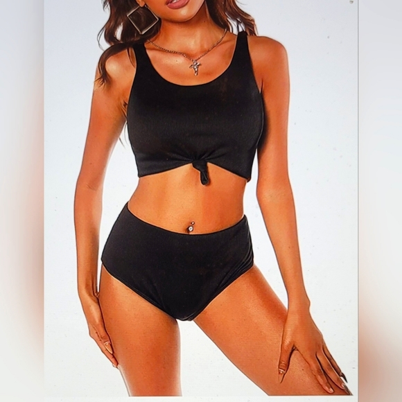 NWT RIBBED KNOT DETAIL  CROP TANK HIGH WAISTED PADDED SWIM BATHING SUIT SIZE 6 - Picture 1 of 8